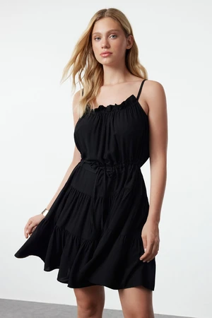 Trendyol Black Skater/Belt Opening Gathered Mini Woven Dress