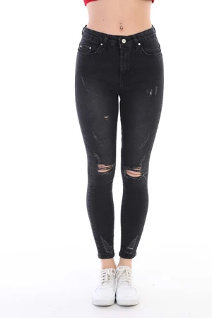 BİKELİFE Black Laser Patterned High Waist Lycra Denim Pants