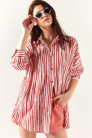 Olalook Women's Orange Asymmetrical Striped Oversized Shirt