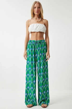 Happiness İstanbul Women's Green Blue Patterned Loose Viscose Palazzo Trousers