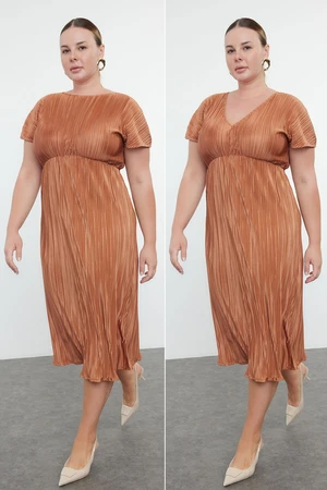 Trendyol Curve Brown Reversible Pleated Midi Plus Size Dress