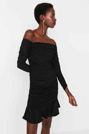 Trendyol Black Ruffle Detail Elegant Evening Dress