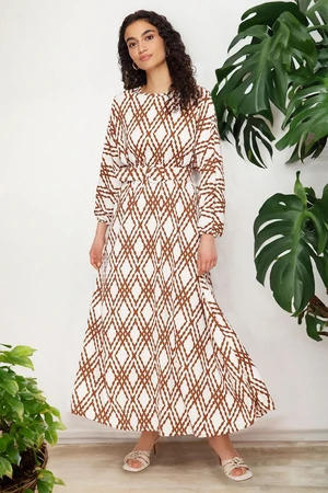 Trendyol Cinnamon Patterned Belt Detailed Crinkle Woven Dress