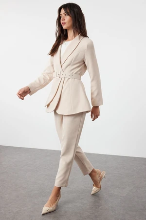 Trendyol Stone Belted Crepe Lined Jacket Trousers Woven Bottom Top Set