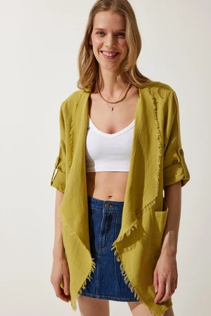 Happiness İstanbul Women's Oil Green Fringe Detail Asymmetric Muslin Jacket