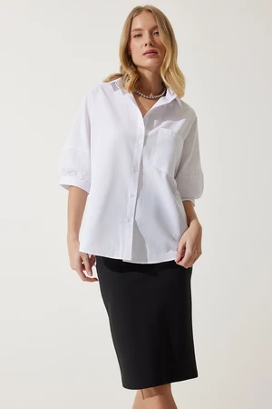 Happiness İstanbul Women's White Balloon Sleeve Poplin Shirt