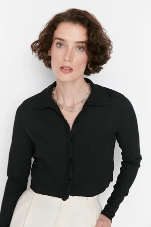 Trendyol Black Button Fitted Polo Neck Ruffle/Textured Crop Knitted Blouse