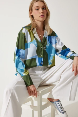 Happiness İstanbul Women's Blue Green Patterned Oversize Satin Shirt