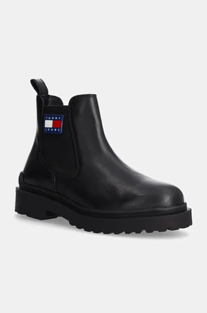 Kožené kotníkové boty Tommy Jeans TJM LEATHER CHELSEA BOOT pánské, černá barva, EM0EM01448