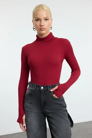 Trendyol Burgundy Fitted Turtleneck Finger Detailed Ribbed Stretchy Knitted Blouse