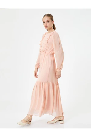 Koton Ruffle Chiffon Long Dress Balloon Sleeve Crew Neck