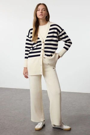 Trendyol Stone Button Detailed Jacquard Striped Cardigan Trousers Knitwear Bottom-Top Set