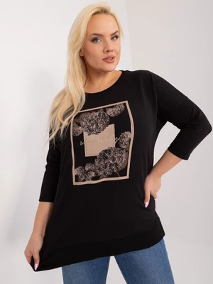 Black plus-size cotton blouse with applique