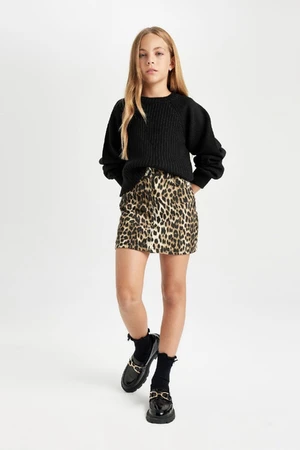 DEFACTO Girl's Leopard Patterned Gabardine Skirt with Pockets