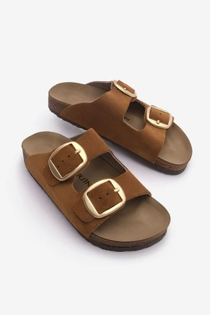 Marjin Women's Genuine Leather Daily Slippers Double-Stripes Slippers with Eva Sole Poly Tan.