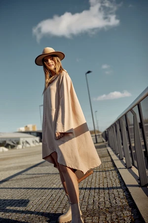 Beige trapezoidal dress with a wide turtleneck