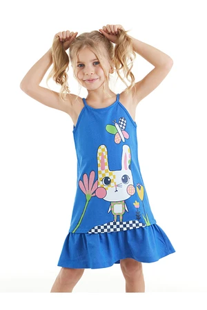 Denokids Checkered Rabbit Girl's Blue Strappy Summer Dress