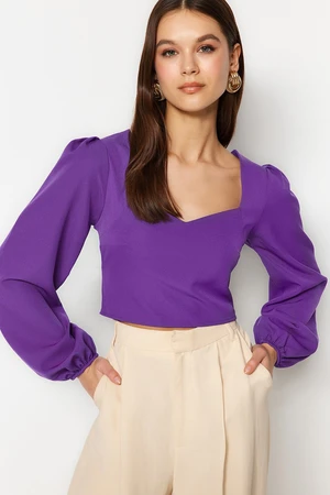 Trendyol Purple Crop Weave Sweetheart Neck Long Sleeve Blouse