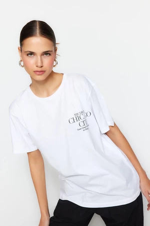 Trendyol White 100% Cotton Front and Back City Printed Boyfriend Crew Neck Knitted T-Shirt