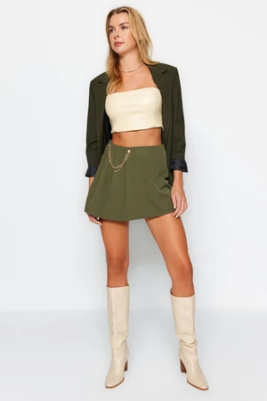 Trendyol Dark Khaki Chain and Pleat Detailed Woven Shorts Skirt