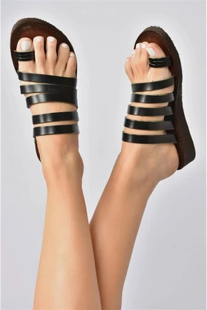 Fox Shoes Black Genuine Leather Women Sandals