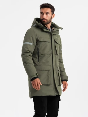 Ombre Men's insulated long jacket with reflective elements - olive