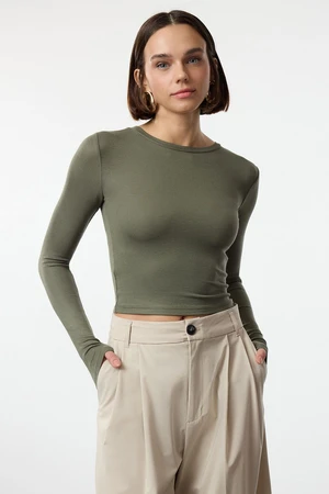 Trendyol Khaki Premium Viscose Crew Neck Crop Stretchy Knitted Blouse