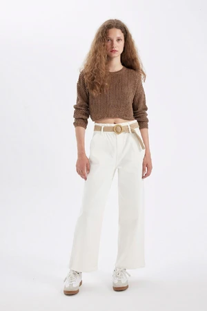 DEFACTO Gabardine Trousers Paperbag Pocket High Waist Double Leg Basic Plain Belted