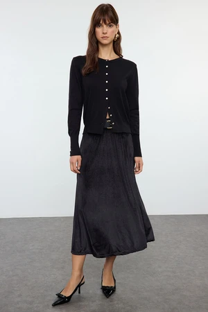 Trendyol Black Velvet Elastic Waist Flared Midi Skirt