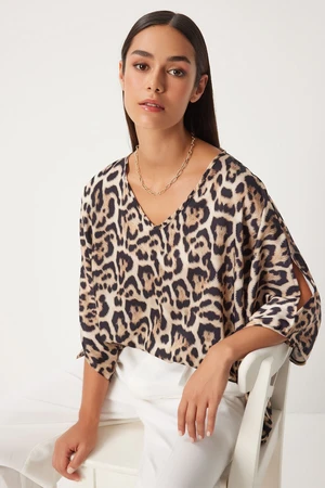 Happiness İstanbul Women's Black Beige Leopard Patterned Satin Blouse