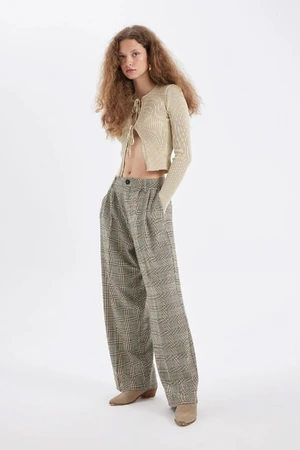 DEFACTO Wide Leg Plaid Double Pocket High Waist Standard Length Trousers