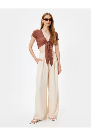 Koton Viscose Wide Leg Trousers with Pockets, Elastic Waist, Pleat Detail