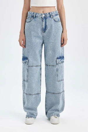 DEFACTO Straight Fit Cargo High Waist Long Jean Washed Trousers