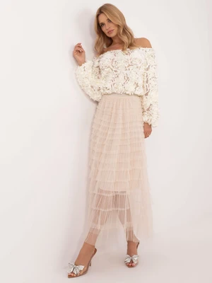 Beige midi tulle skirt with ruffles