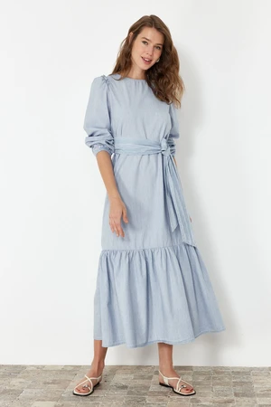 Trendyol Light Blue Belted Midi Denim Dress