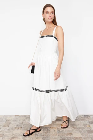 Trendyol White Belted Black Stripe Accessory Detailed Maxi Woven Dress