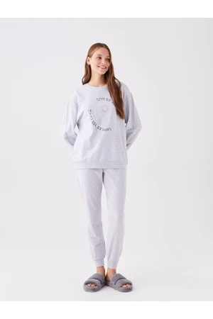 LC Waikiki Women's Pajamas Set with Crew Neck Printed Long Sleeve