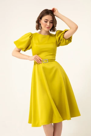 Lafaba Women's Pistachio Mini Satin Evening Dress with Balloon Sleeves and Stones Belt.