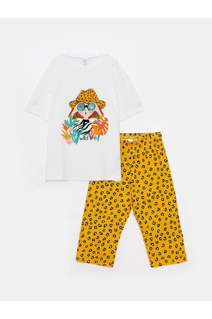 LC Waikiki Crew Neck Printed Short Sleeve Girls' Pajamas Set