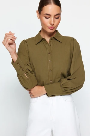 Trendyol Dark Khaki Balloon Sleeve Cotton Woven Shirt