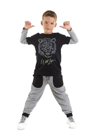 Mushi Wild Life Tiger Boys Black T-shirt, Gray Pants Suit