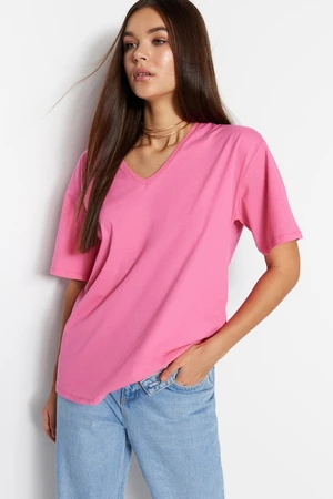 Trendyol Pink 100% Cotton Oversize V-Neck Knitted T-Shirt