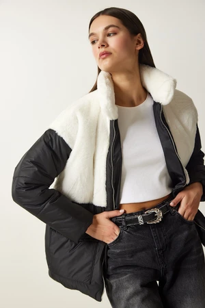 Happiness İstanbul Women's White Black Fur Collar Puffer Coat