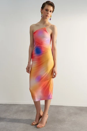 Trendyol Multicolored Printed Fitted Midi One-Shoulder Stretch Knit Dress