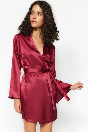 Trendyol Burgundy Belted Satin Woven Dressing Gown