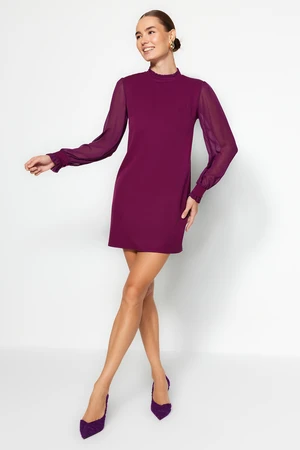 Trendyol Damson Straight Cut Sleeves Chiffon Detail Mini Woven Woven Dress