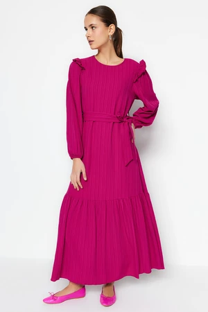 Trendyol Fuchsia Belted Viscose-Mixed Woven Dress with a Ruffled Trim around the shoulders.