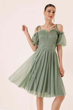 By Saygı Pleated Collar with Balloon Sleeves Lined Glittery Tulle Dress Mint