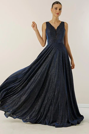 By Saygı V-Neck Imaginary Evening Dress with Tulle and Glittery Lined.