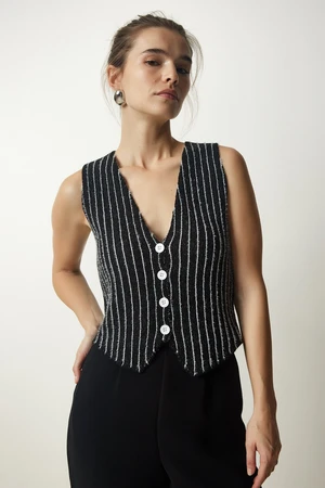 Happiness İstanbul Women's Black Striped Raised Knitwear Vest